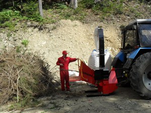 Рабочий уничтожает ветки при помощи дробилки